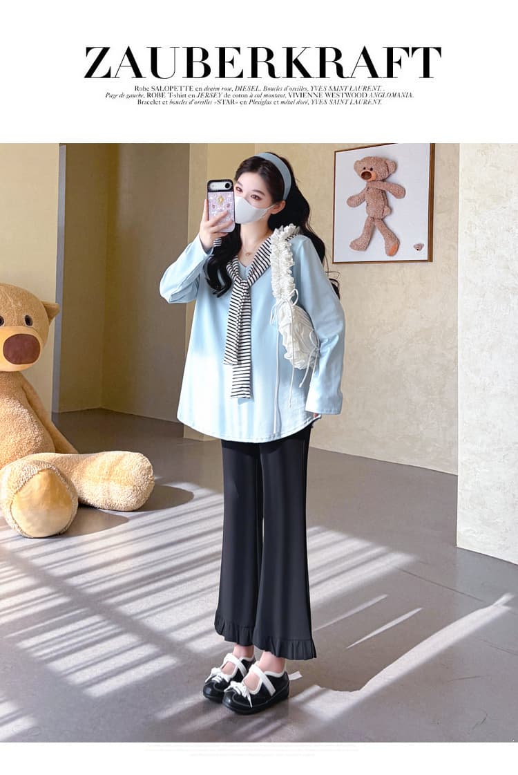 실사 2026 임산부 가을 새로운 긴팔 패션 해군 칼라 V넥 스트라이프 숄 리본 다용도 티셔츠 상세 이미지 23