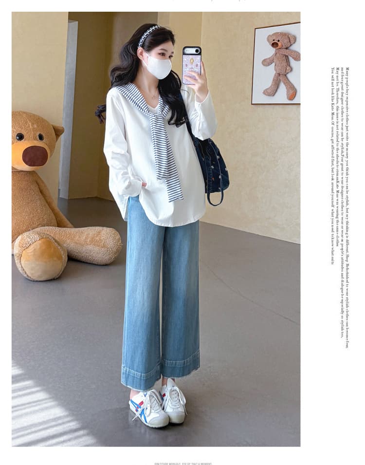 실사 2026 임산부 가을 새로운 긴팔 패션 해군 칼라 V넥 스트라이프 숄 리본 다용도 티셔츠 상세 이미지 27