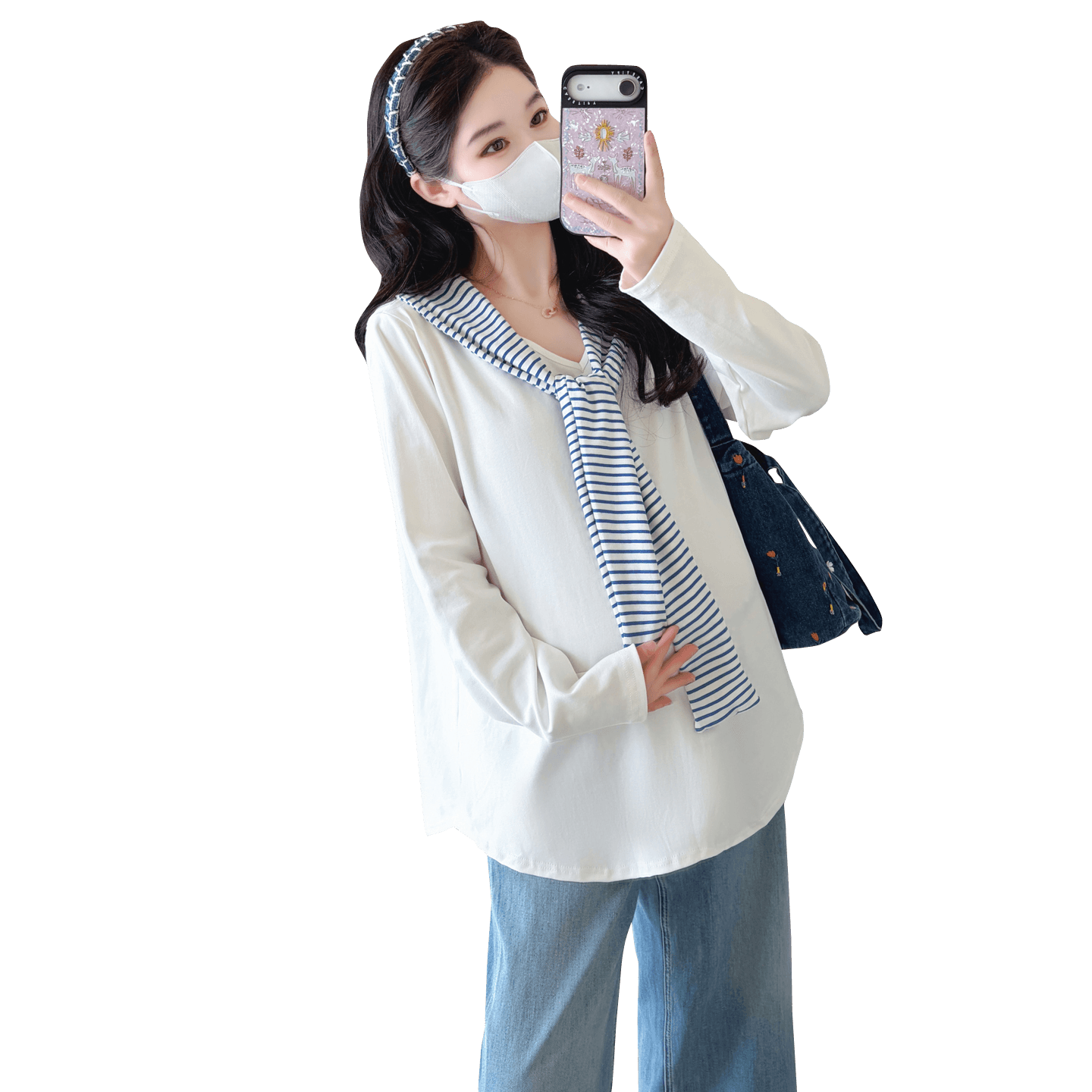 실사 2026 임산부 가을 새로운 긴팔 패션 해군 칼라 V넥 스트라이프 숄 리본 다용도 티셔츠 이미지 6