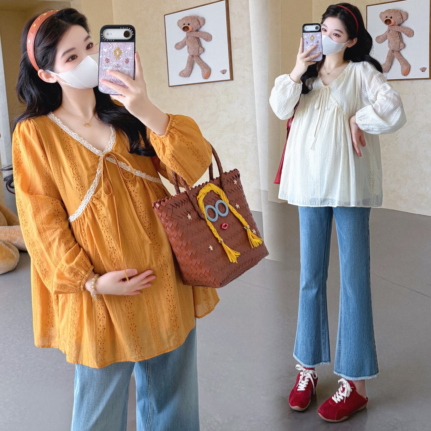 실사 2026 가을 새로운 임산부 한국 스타일 V넥 레이스 자수 연령 감소 레이스업 인형 셔츠 맨위 이미지 4