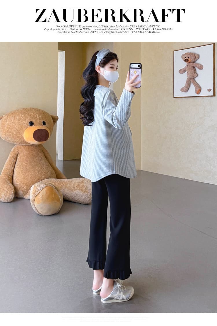 실사 2026 가을 새로운 임산부 한국 스타일 스트라이프 레이스 조각 나비 매듭 긴팔 리본 티셔츠 상세 이미지 35