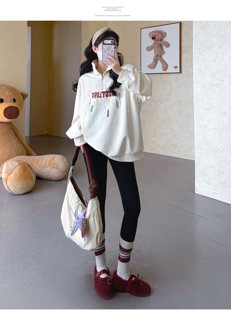 실사 2026 가을 새로운 임산부 한국 스타일 POLO 칼라 하프 지퍼 패션 캐주얼 프린트 루즈핏 다용도 후드티 상세 이미지 15