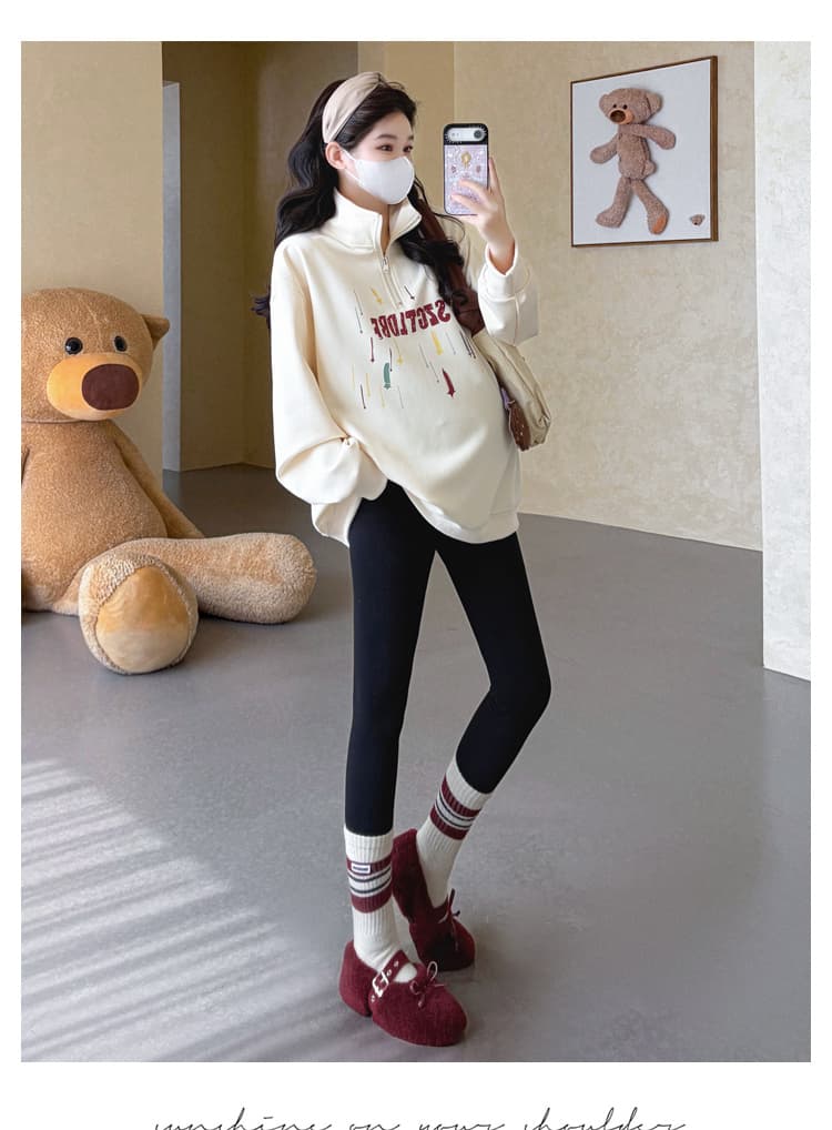 실사 2026 가을 새로운 임산부 한국 스타일 POLO 칼라 하프 지퍼 패션 캐주얼 프린트 루즈핏 다용도 후드티 상세 이미지 18