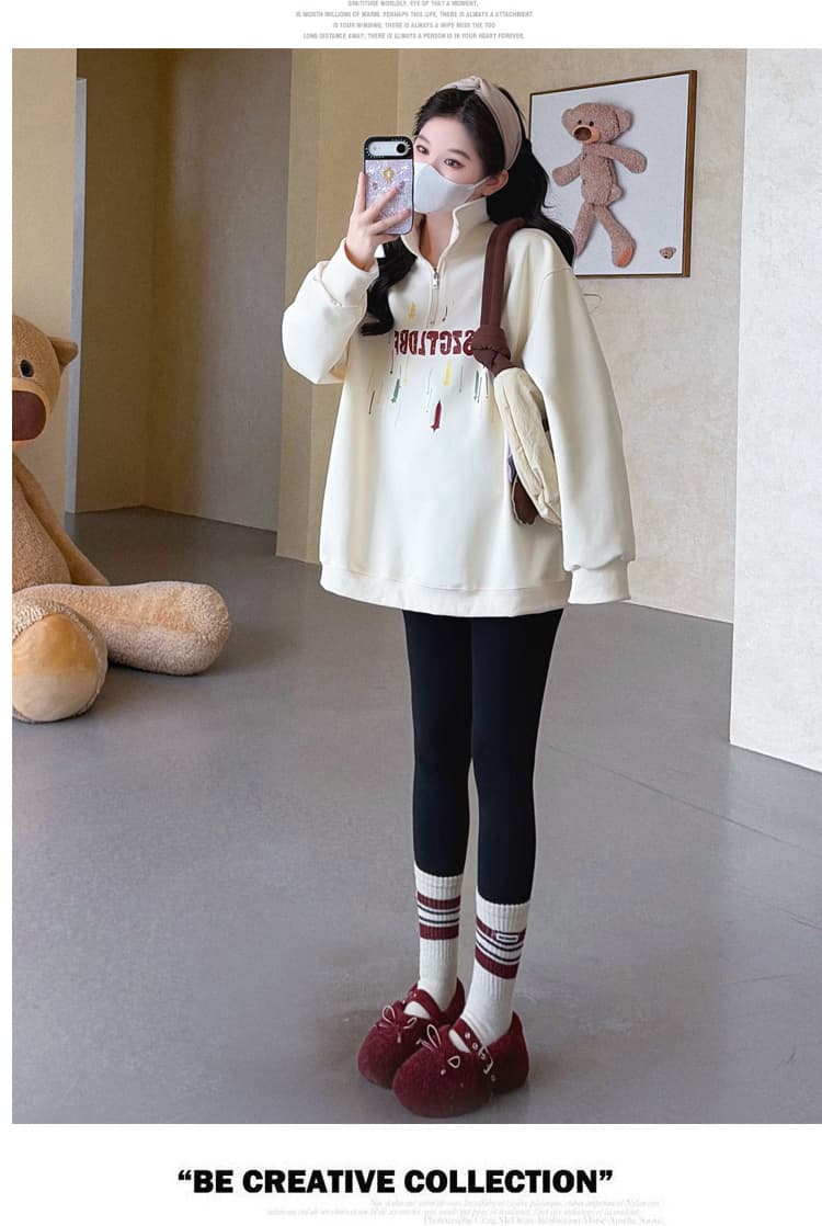 실사 2026 가을 새로운 임산부 한국 스타일 POLO 칼라 하프 지퍼 패션 캐주얼 프린트 루즈핏 다용도 후드티 상세 이미지 21