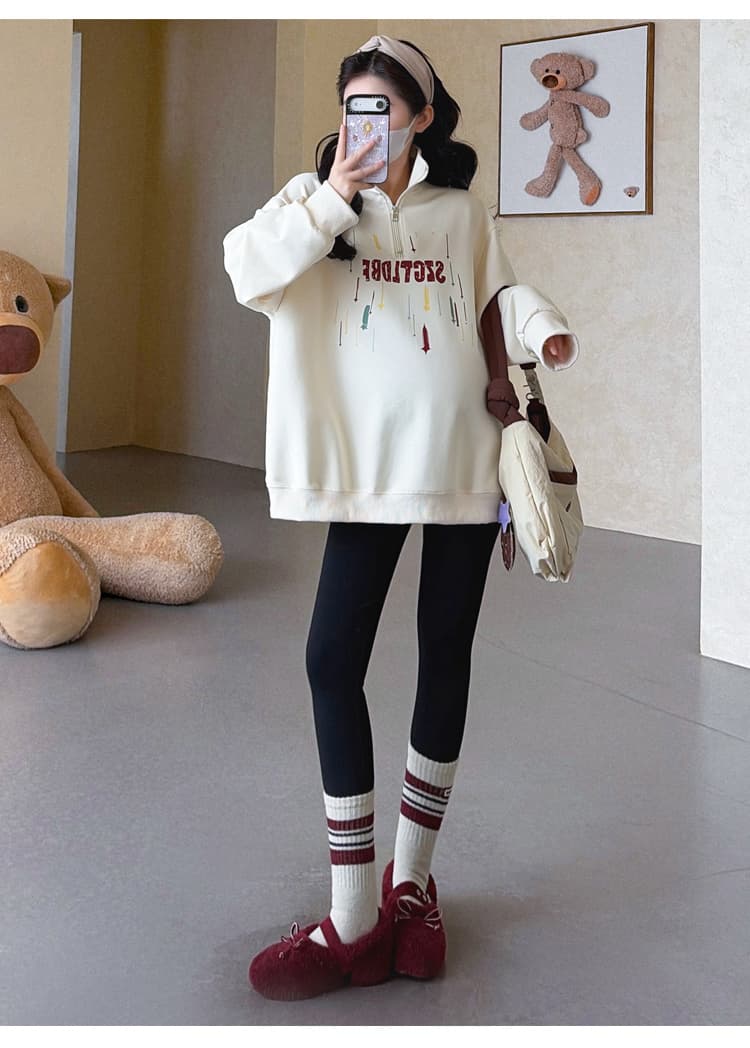 실사 2026 가을 새로운 임산부 한국 스타일 POLO 칼라 하프 지퍼 패션 캐주얼 프린트 루즈핏 다용도 후드티 상세 이미지 24