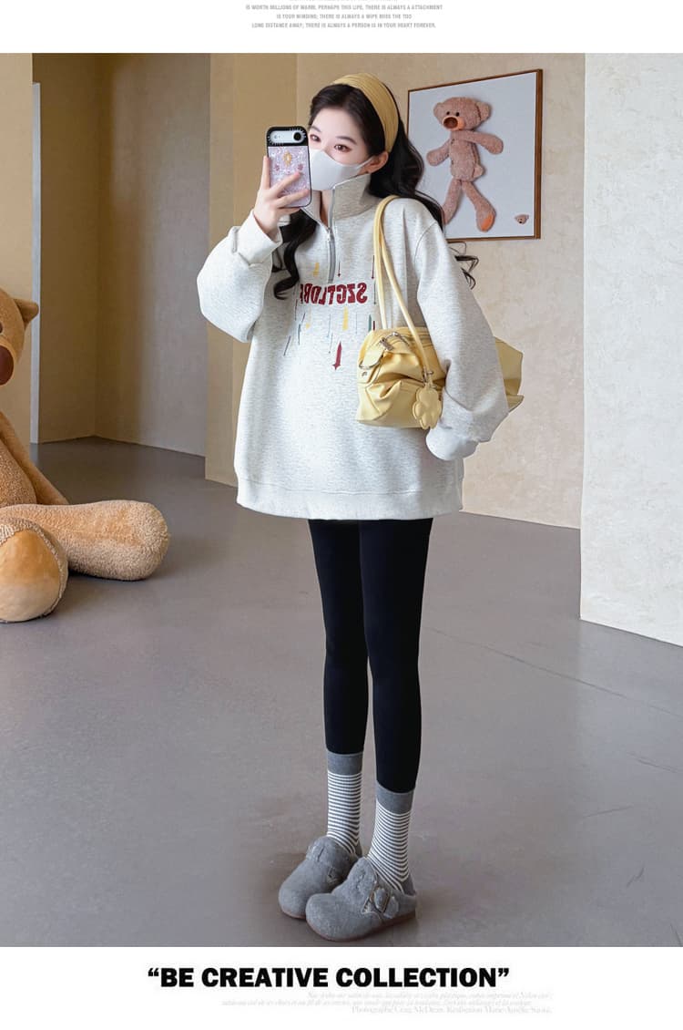 실사 2026 가을 새로운 임산부 한국 스타일 POLO 칼라 하프 지퍼 패션 캐주얼 프린트 루즈핏 다용도 후드티 상세 이미지 28