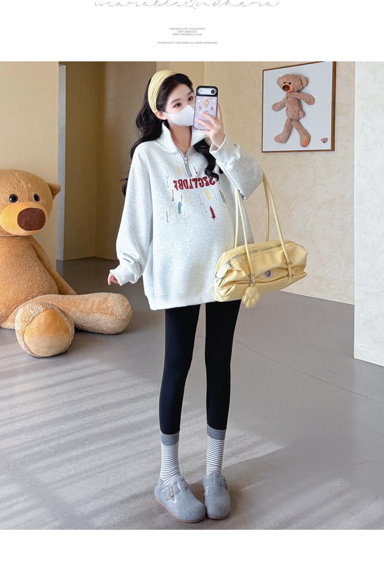 실사 2026 가을 새로운 임산부 한국 스타일 POLO 칼라 하프 지퍼 패션 캐주얼 프린트 루즈핏 다용도 후드티 상세 이미지 29
