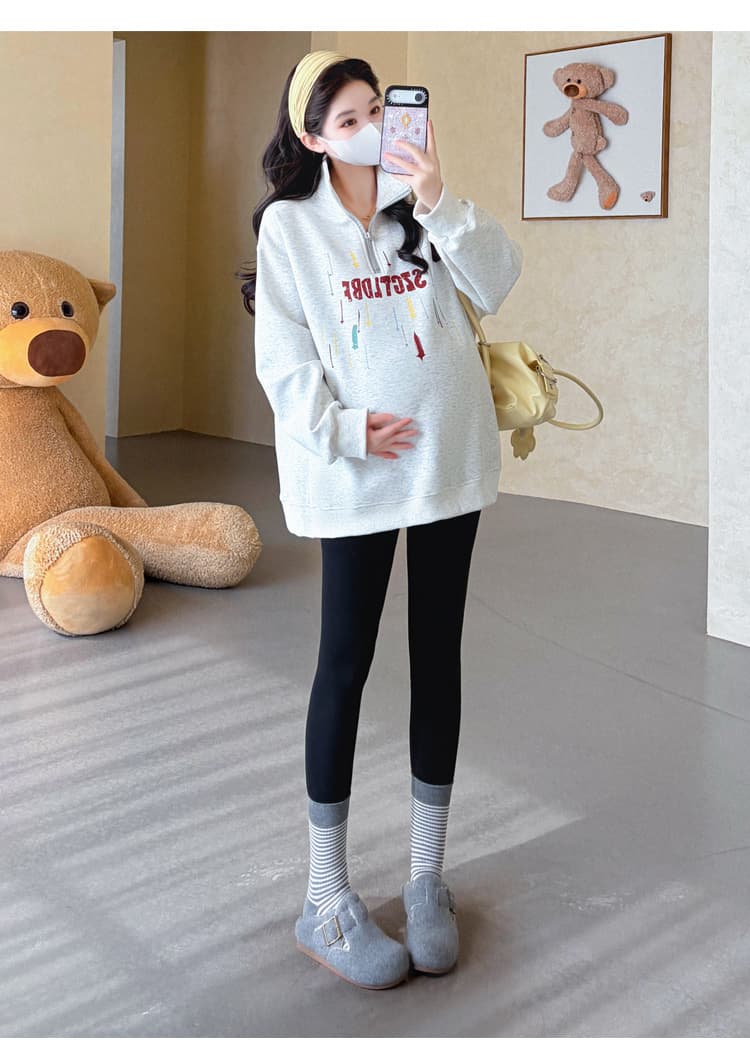 실사 2026 가을 새로운 임산부 한국 스타일 POLO 칼라 하프 지퍼 패션 캐주얼 프린트 루즈핏 다용도 후드티 상세 이미지 37