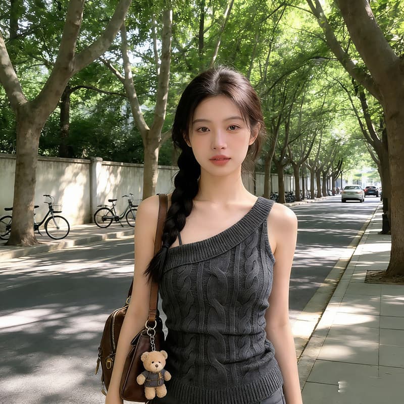 핫걸 바람 비스듬한 어깨 마 무늬 니트 캐미솔 작은 대중 몸매 가꾸기 슬림해 보이는 다용도 작은 키 순수한 욕망 맨위 상세 이미지 3