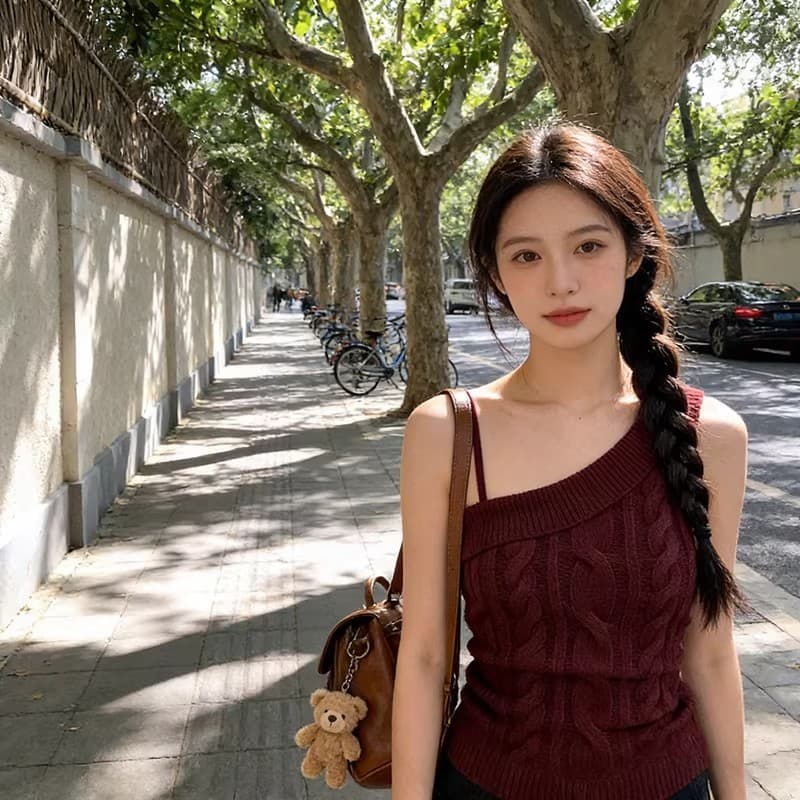 핫걸 바람 비스듬한 어깨 마 무늬 니트 캐미솔 작은 대중 몸매 가꾸기 슬림해 보이는 다용도 작은 키 순수한 욕망 맨위 상세 이미지 13