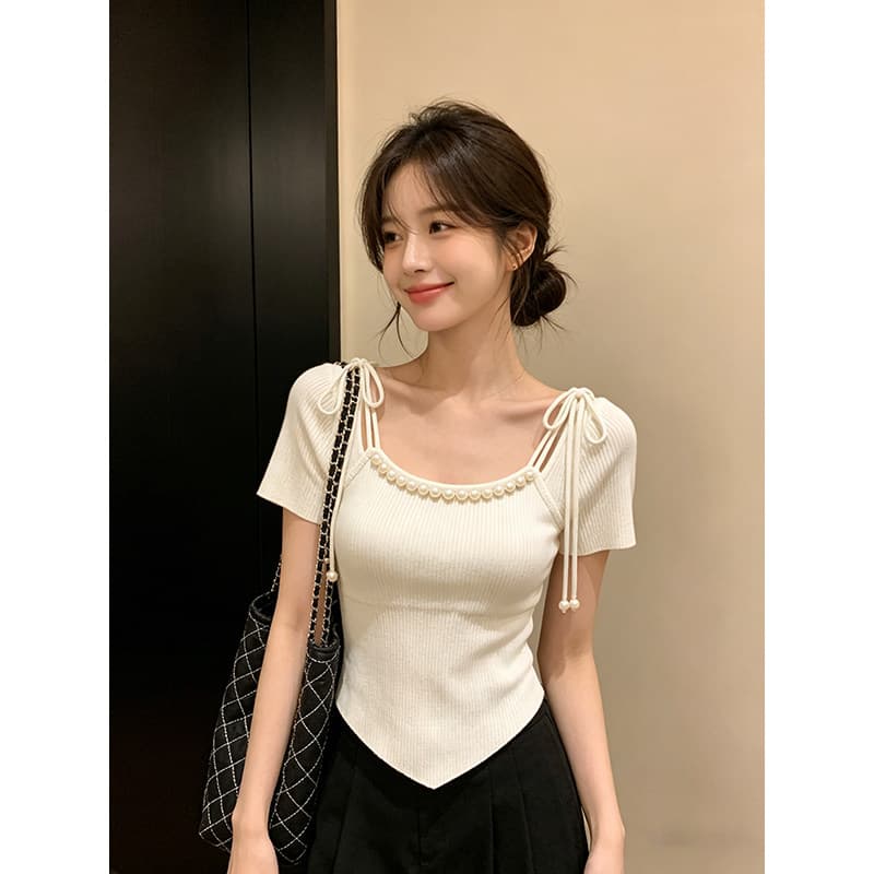 새로운 순수한 욕망 바람 진주 측면 반팔 맨위 여성 몸매 가꾸기 슬림해 보이는 작은 대중 다용도 한 부서 단색 작은 대중 니트 스웨터 이미지 3