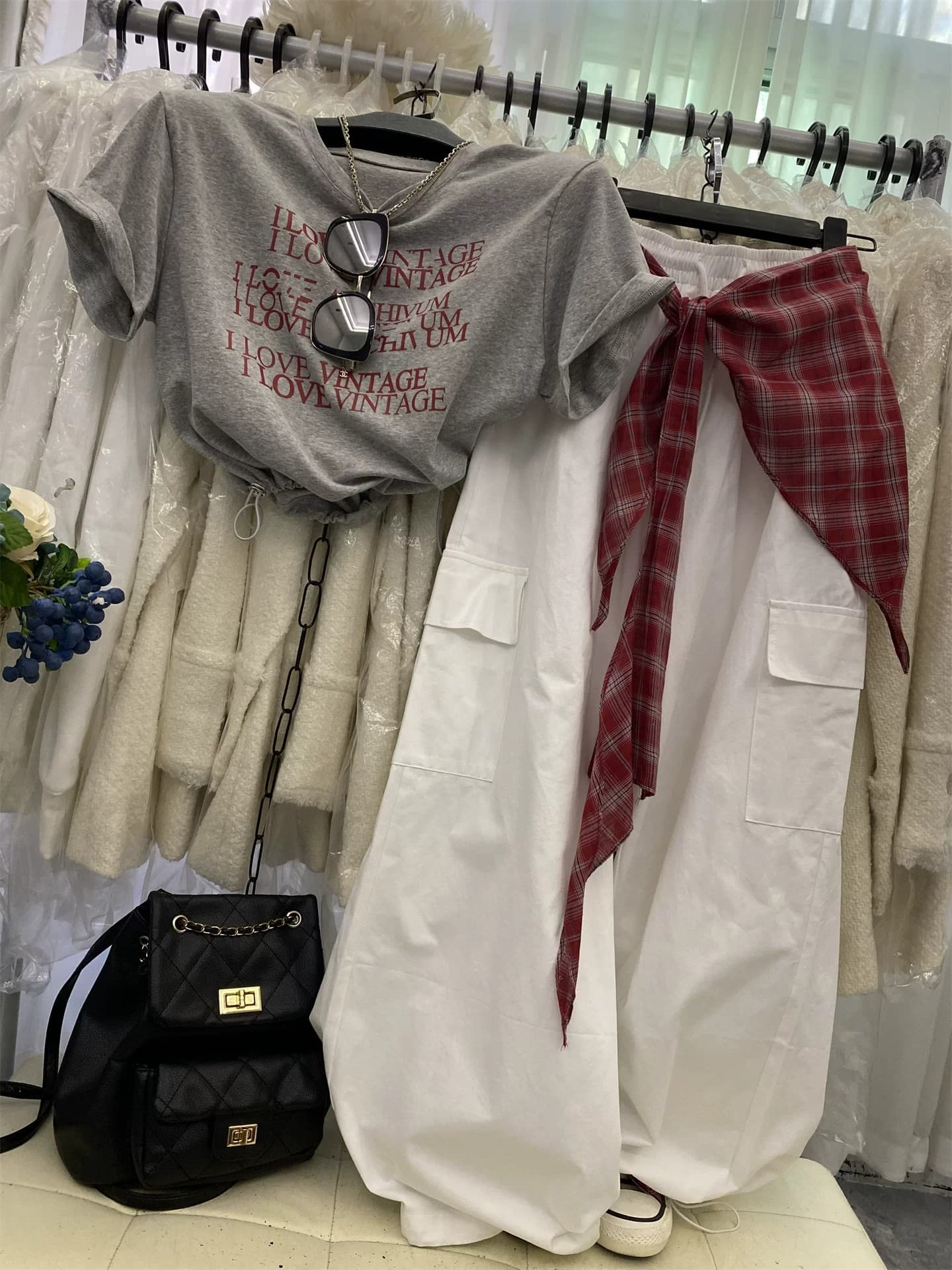 한국 스타일 봄 여름 새로운 알파벳 프린트 펌프 로프 반팔 허리밴드 워크웨어 와이드 레그 팬츠 세트 조립 체크무늬 삼각형 수건 이미지 3