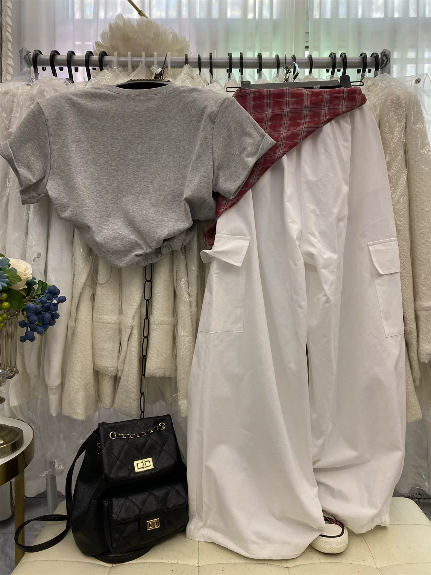 한국 스타일 봄 여름 새로운 알파벳 프린트 펌프 로프 반팔 허리밴드 워크웨어 와이드 레그 팬츠 세트 조립 체크무늬 삼각형 수건 상세 이미지 7