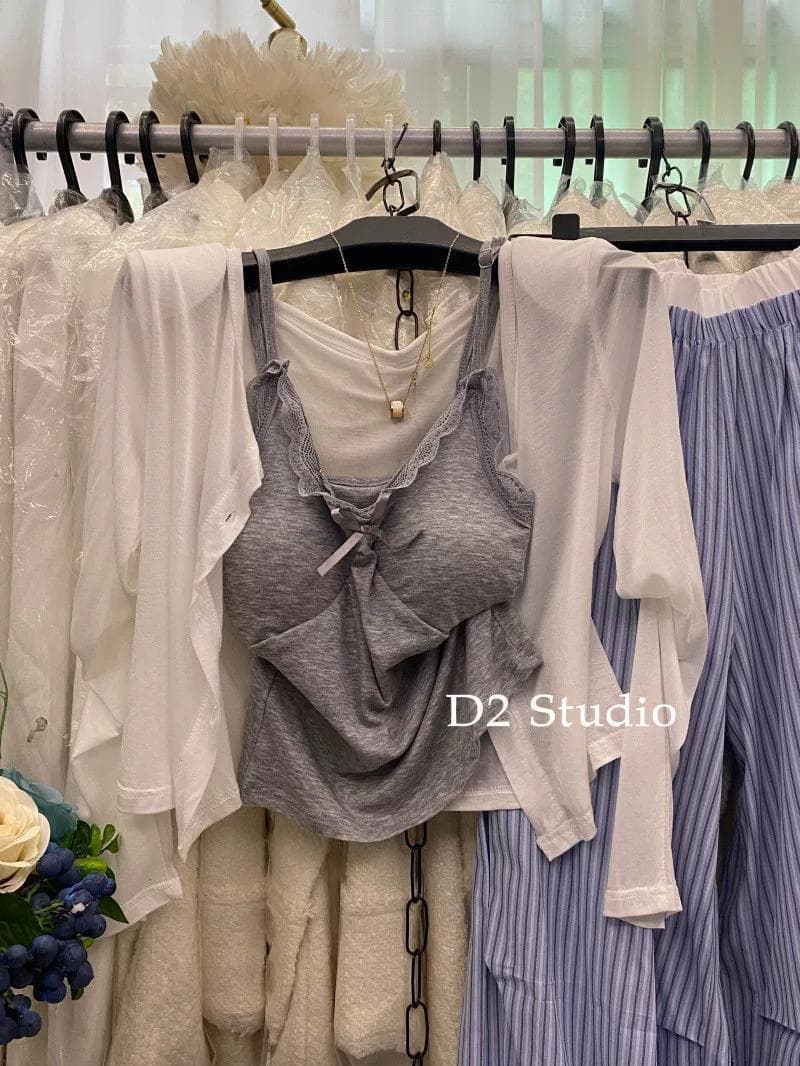 여름 느긋한 바람 스트라이프 와이드 레그 팬츠 얇은 스타일 캐주얼 긴 바지 chic 레이스 슬립 자외선 차단 오픈 가디건 세 조각 세트 이미지 2