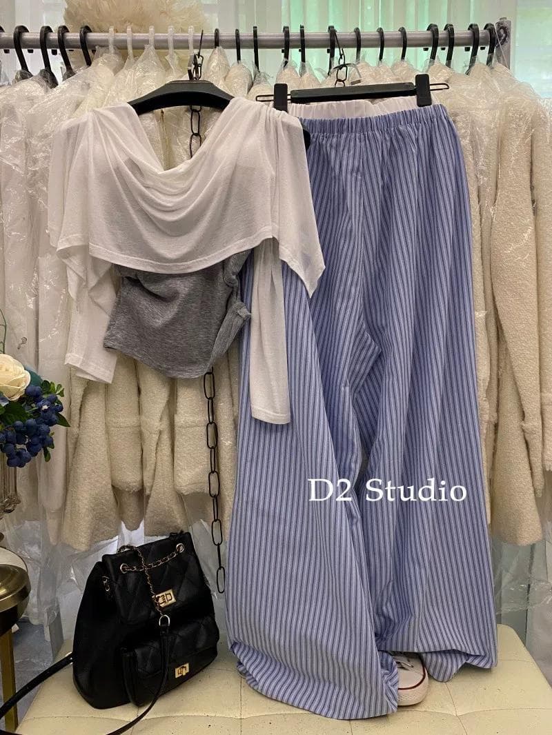 여름 느긋한 바람 스트라이프 와이드 레그 팬츠 얇은 스타일 캐주얼 긴 바지 chic 레이스 슬립 자외선 차단 오픈 가디건 세 조각 세트 이미지 3