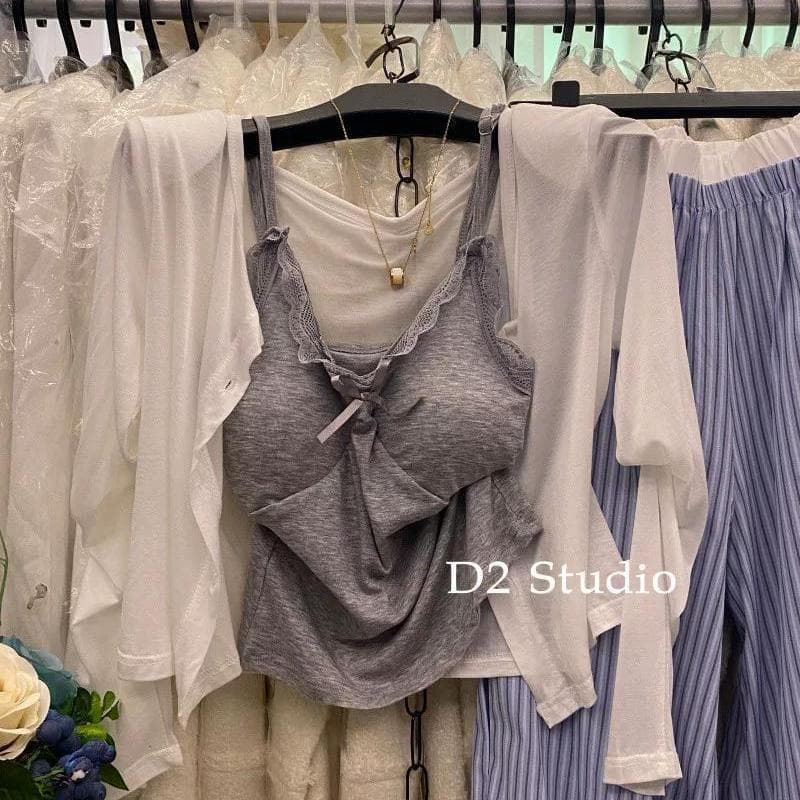 여름 느긋한 바람 스트라이프 와이드 레그 팬츠 얇은 스타일 캐주얼 긴 바지 chic 레이스 슬립 자외선 차단 오픈 가디건 세 조각 세트 상세 이미지 7