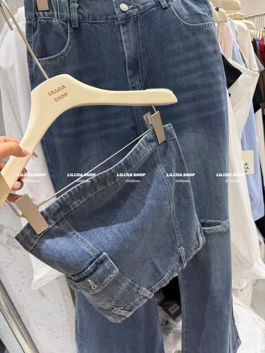 여름 새로운 한국 스타일 패션 슬림해 보이는 데님 튜브탑 조끼 빨간색 숄 찢어진 부분 나팔 바지 세 조각 여성 세트 이미지 2