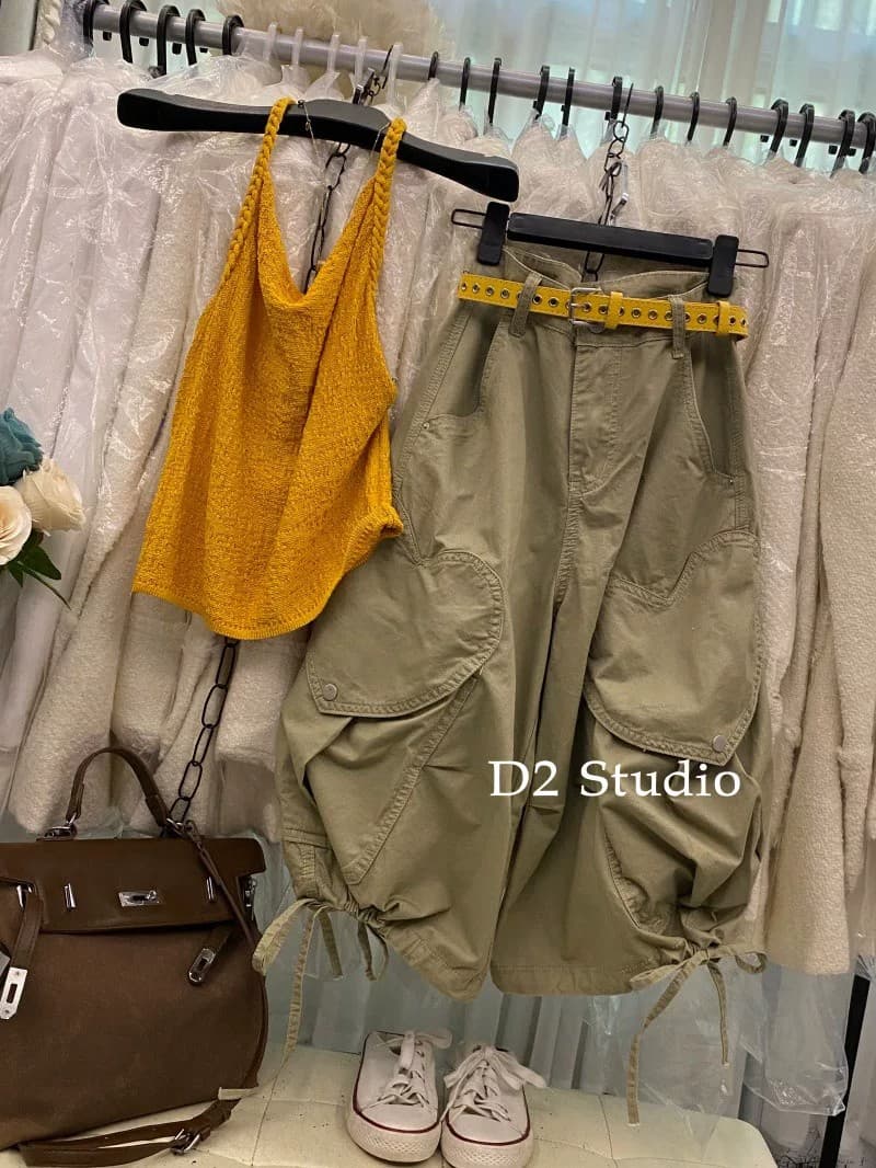 한 부서 패션 워크웨어 윈디 주머니 레이스업 넓은 다리 오부 바지 루즈핏 캐주얼 반바지 행침 목 슬립 세트 여성 상세 이미지 6