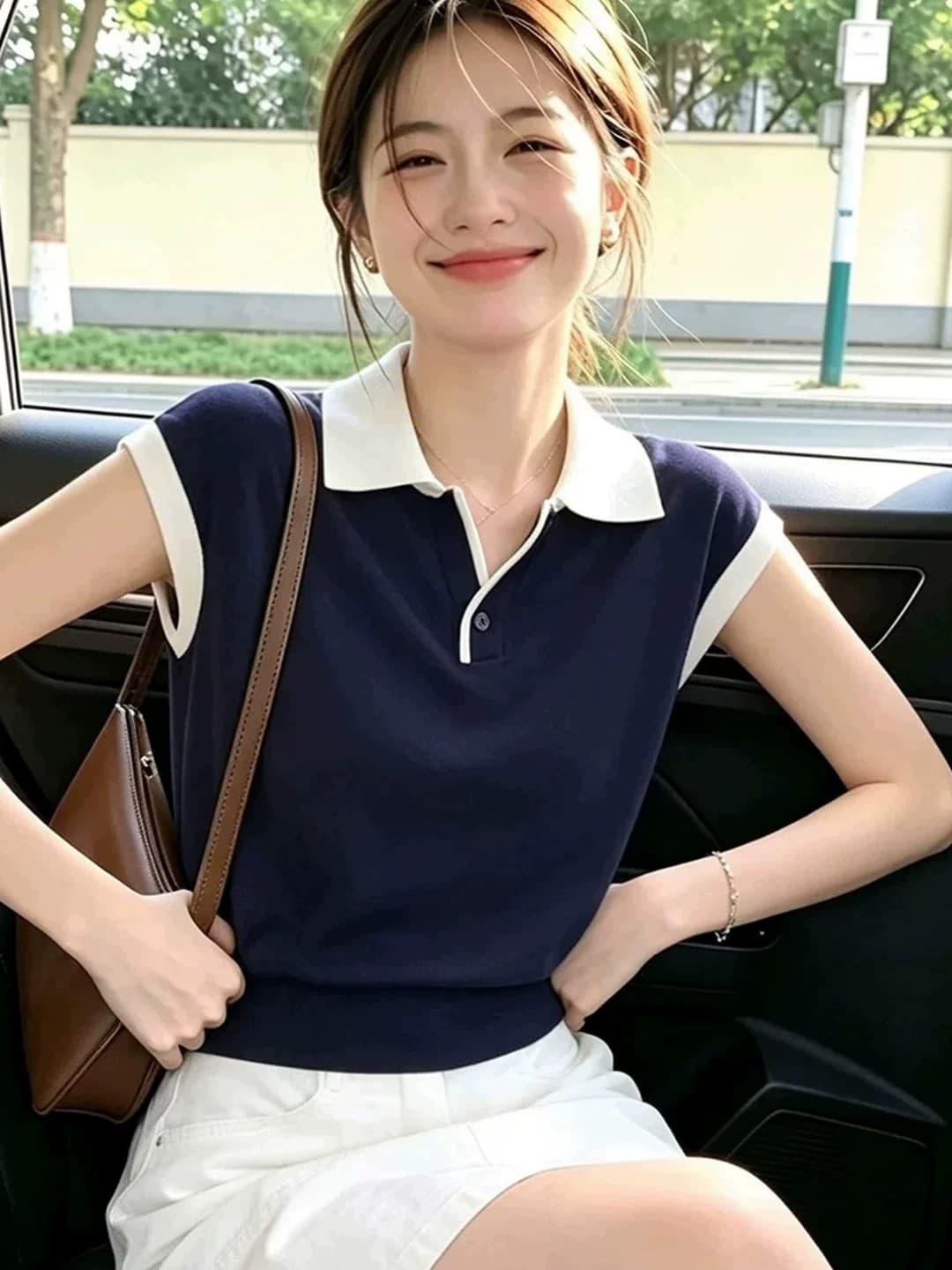 프랑스식 아름다운 POLO 칼라 반팔 티셔츠 여성 여름 얇은 스타일 디자인 센스 작은 대중 품격 여성 작은 날다 소매 맨위 이미지 3