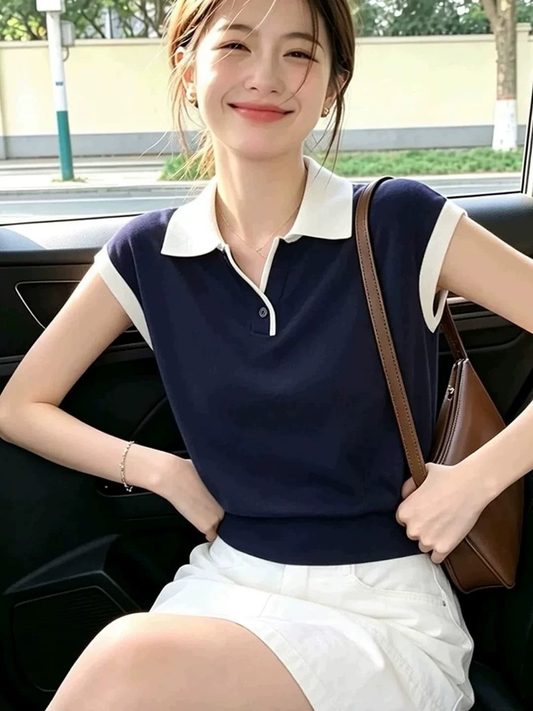 프랑스식 아름다운 POLO 칼라 반팔 티셔츠 여성 여름 얇은 스타일 디자인 센스 작은 대중 품격 여성 작은 날다 소매 맨위 상세 이미지 3
