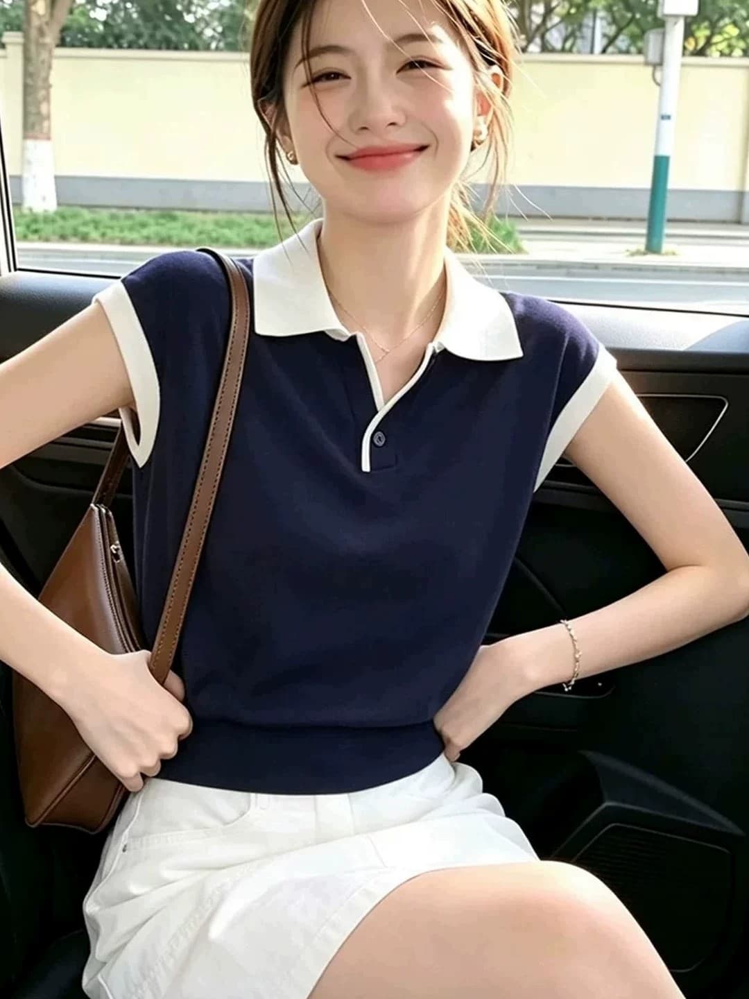 프랑스식 아름다운 POLO 칼라 반팔 티셔츠 여성 여름 얇은 스타일 디자인 센스 작은 대중 품격 여성 작은 날다 소매 맨위 상세 이미지 4