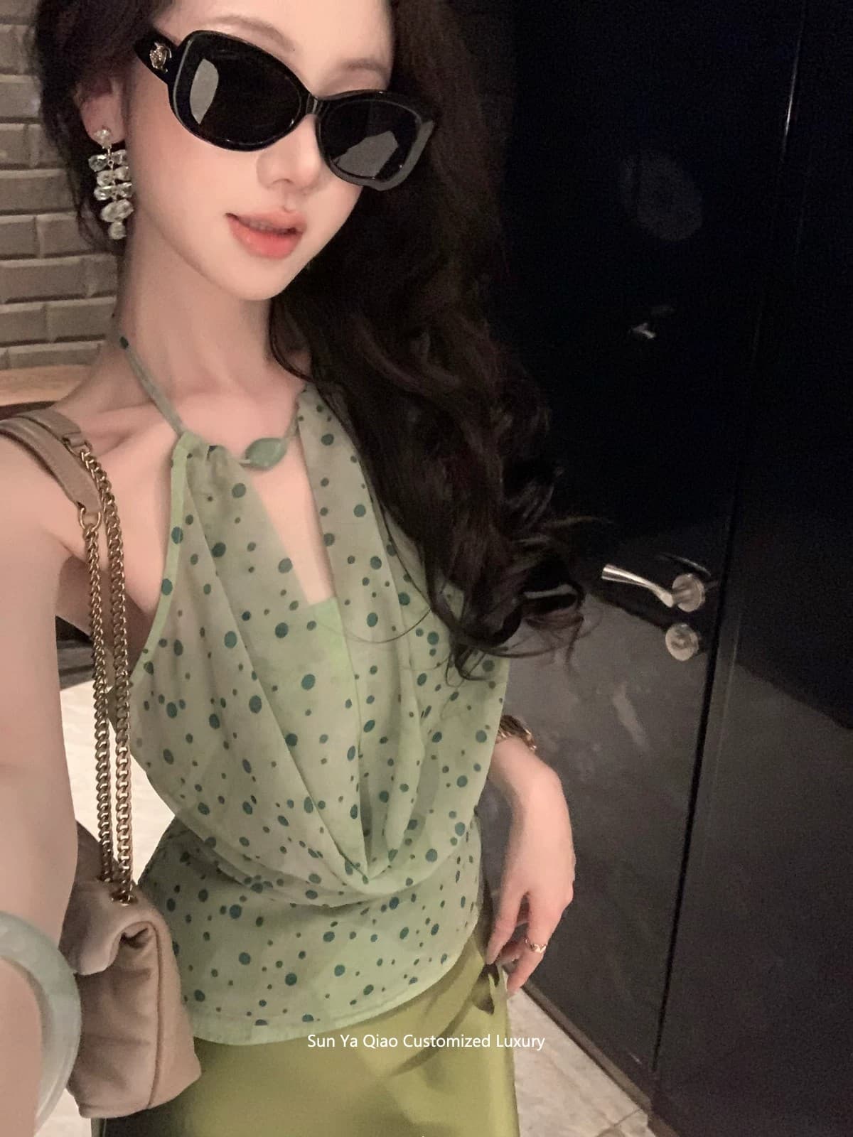 여름 새로운 박하 甜酒 프랑스식 우아함 품격 녹색 도트 무늬 행침 목 흔들다 칼라 슬립 맨위 여성 트렌디 상세 이미지 3