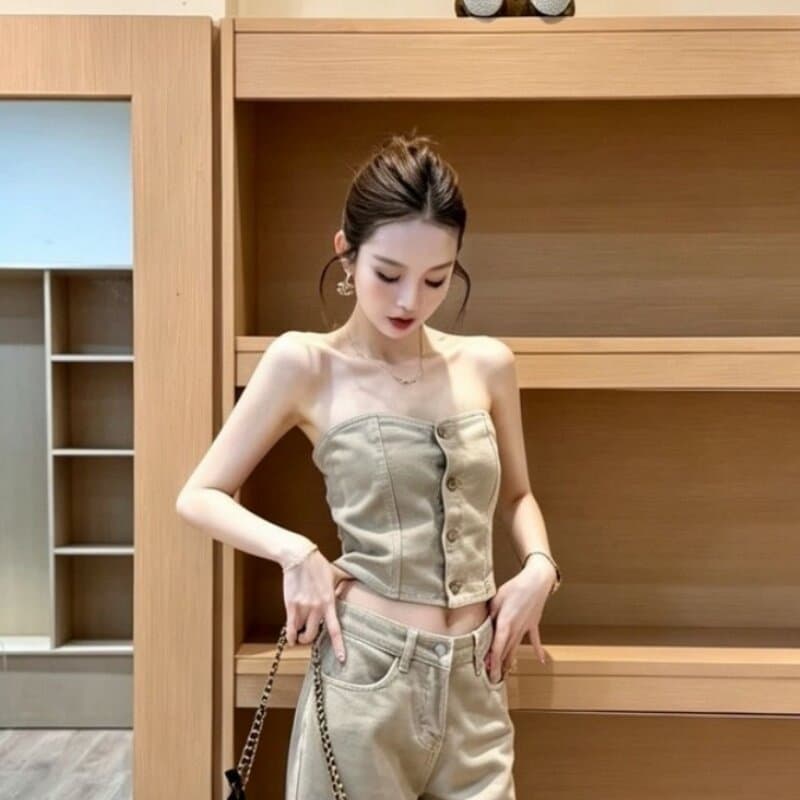 레트로 아메리칸 핫걸 맨위 여성 여름 디자인 센스 작은 대중 몸매 가꾸기 튜브탑 맨위 넓은 다리 청바지 패션 세트 상세 이미지 1