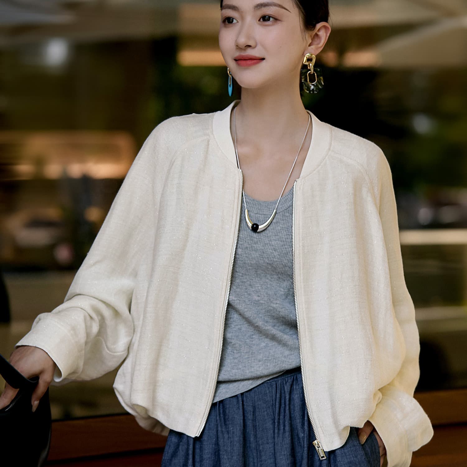 어디서? 어디서? 보존 스타 모래 흐름 구름 재킷 광택 실 아마 야구 스타일 칼라 꽃밭 진자 루즈핏 2026 봄