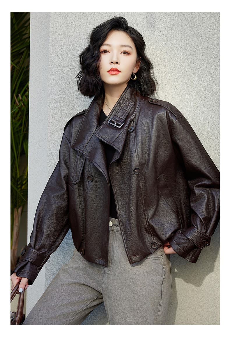 작은 가죽 재킷 재킷 여성 짧은 2025 가을 새로운 작은 키 스탠드 칼라 품격 차가운 바람의 소리 바람 레트로 pu 가죽 자켓 상세 이미지 15