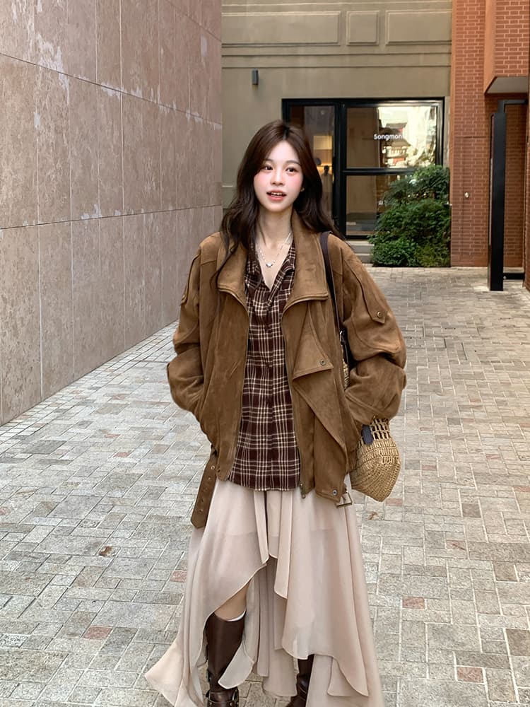 스웨이드 원단 오토바이 재킷 가을 레트로 아름다움 라드. 캐주얼 루즈핏 느긋한 폴로 칼라 프로필 모양 센스 재킷 여성 이미지 3
