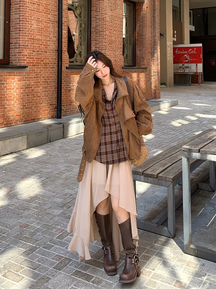 스웨이드 원단 오토바이 재킷 가을 레트로 아름다움 라드. 캐주얼 루즈핏 느긋한 폴로 칼라 프로필 모양 센스 재킷 여성 이미지 5