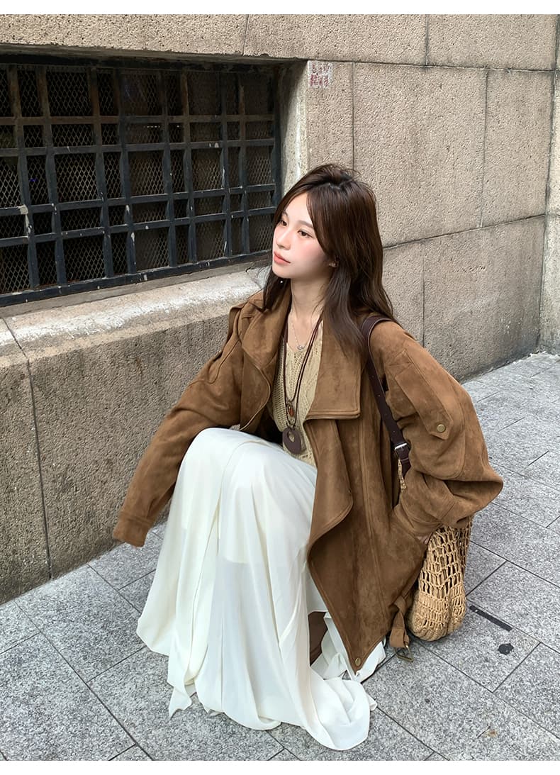 스웨이드 원단 오토바이 재킷 가을 레트로 아름다움 라드. 캐주얼 루즈핏 느긋한 폴로 칼라 프로필 모양 센스 재킷 여성 상세 이미지 14