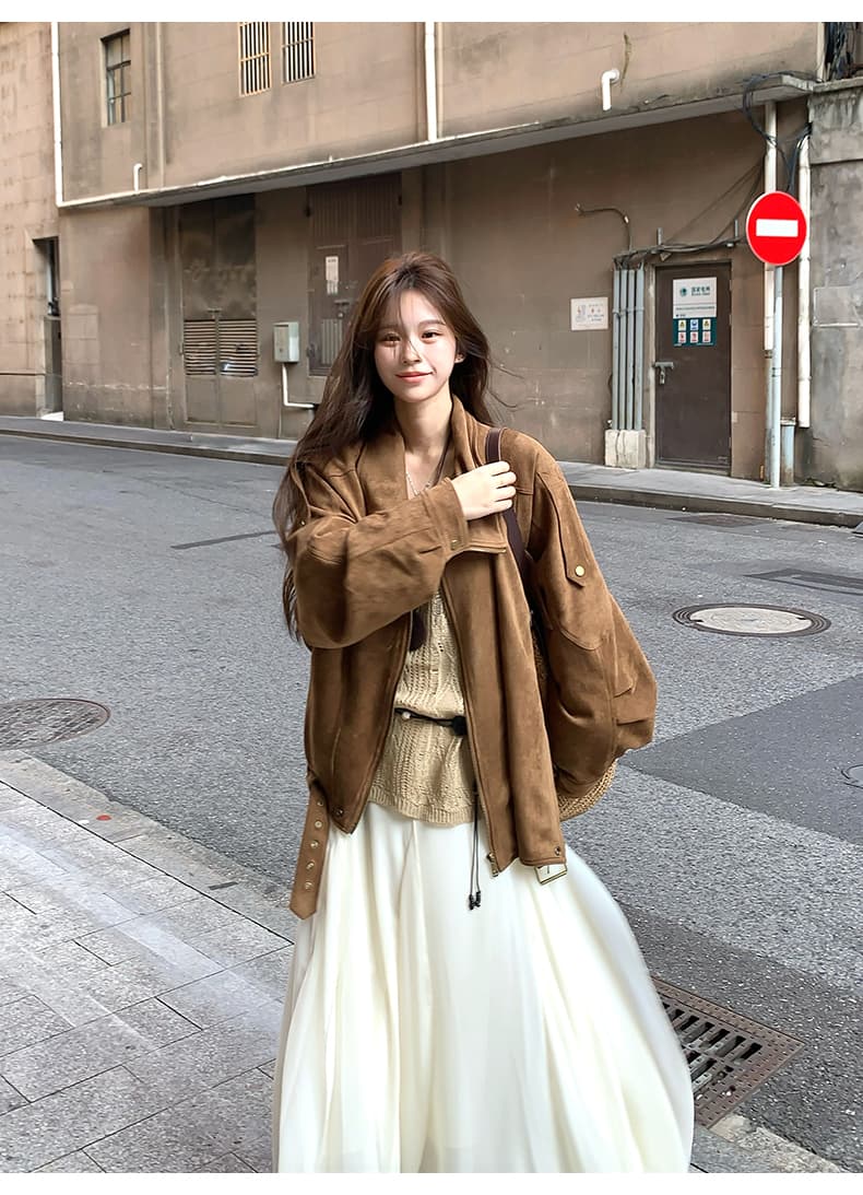 스웨이드 원단 오토바이 재킷 가을 레트로 아름다움 라드. 캐주얼 루즈핏 느긋한 폴로 칼라 프로필 모양 센스 재킷 여성 상세 이미지 17