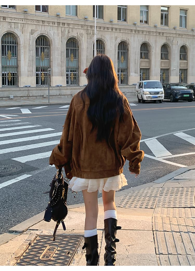 스웨이드 원단 오토바이 재킷 가을 레트로 아름다움 라드. 캐주얼 루즈핏 느긋한 폴로 칼라 프로필 모양 센스 재킷 여성 상세 이미지 22