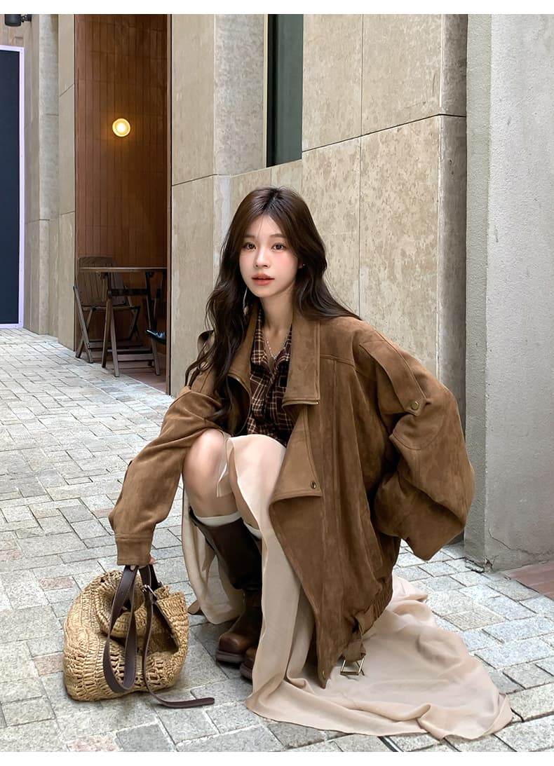스웨이드 원단 오토바이 재킷 가을 레트로 아름다움 라드. 캐주얼 루즈핏 느긋한 폴로 칼라 프로필 모양 센스 재킷 여성 상세 이미지 24