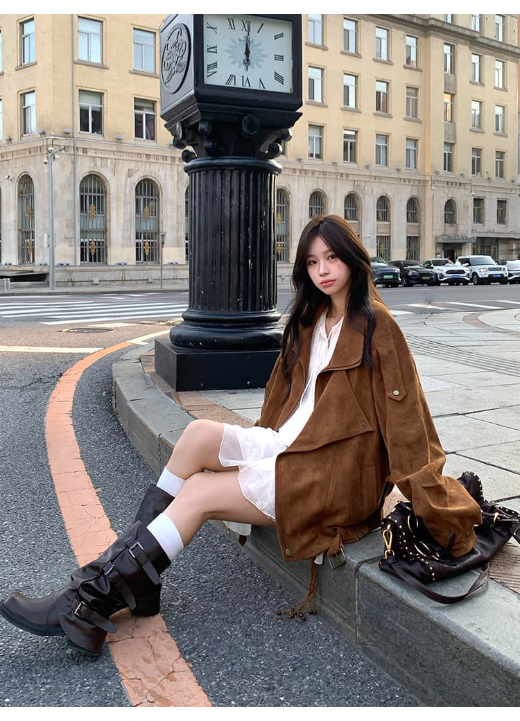 스웨이드 원단 오토바이 재킷 가을 레트로 아름다움 라드. 캐주얼 루즈핏 느긋한 폴로 칼라 프로필 모양 센스 재킷 여성 상세 이미지 25