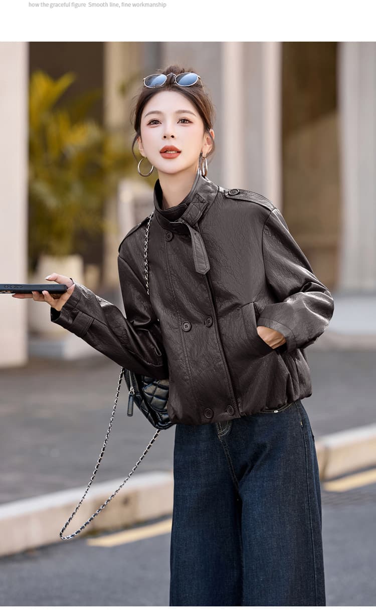 2025 년 가을 새로운 쇼트 스타일 가죽 재킷 여성 코트 폴로 칼라 오토바이 바람 작은 키 고급 센스 가죽 자켓 상세 이미지 12