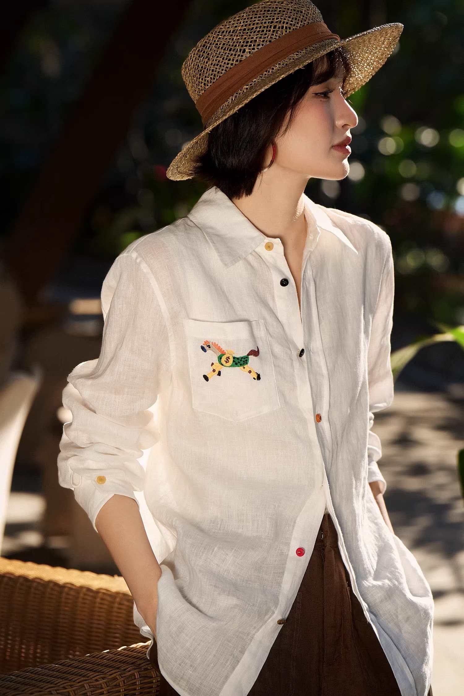 아름 다운 ~ 중 것들 오래된 돈 바람 아마 셔츠 무지개 싱글 줄 버튼 작은 말 주머니 자수 셔츠 여성 2026 가을 새로운 상세 이미지 15