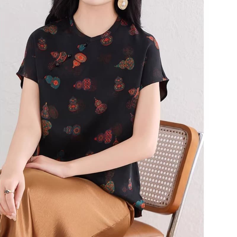 비 레거시 붉은 구름 실 프린트 국풍 실크 맨위 여성 2026 새로운 여름 비스듬한 문 襟 품격 뽕나무 누에 실크 셔츠 이미지 2