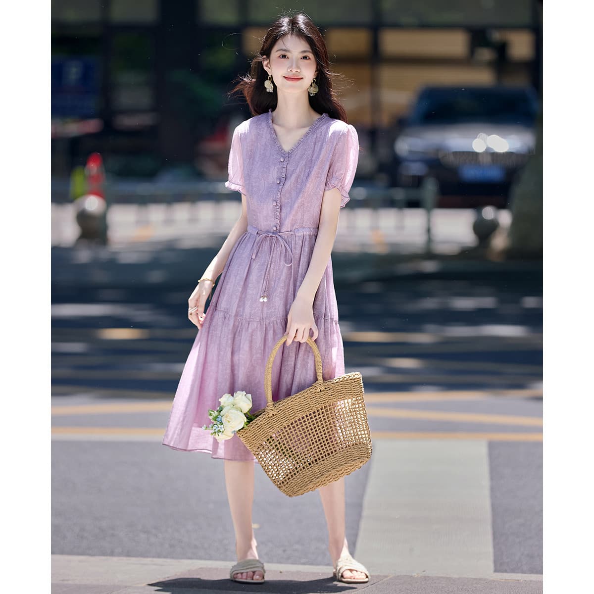 유럽 만약 바람 우아함 품격 진주 레이스업 주름 칼라 프린트 치마 25 년 아모이 V넥 드레스 이미지 2