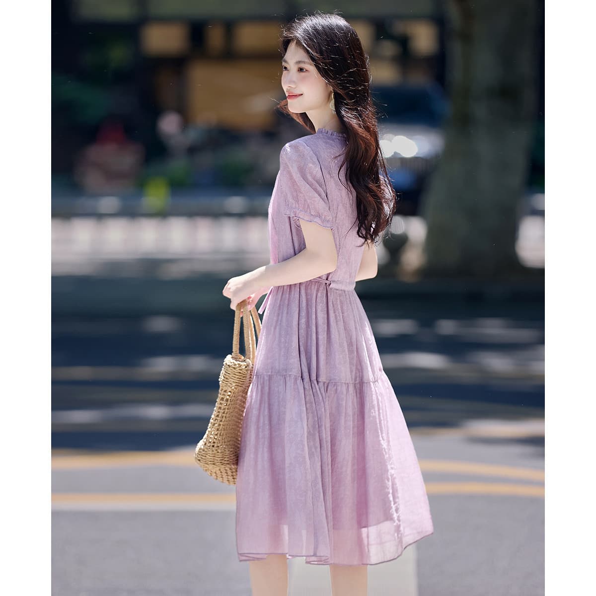 유럽 만약 바람 우아함 품격 진주 레이스업 주름 칼라 프린트 치마 25 년 아모이 V넥 드레스 이미지 4
