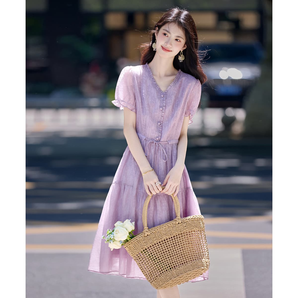 유럽 만약 바람 우아함 품격 진주 레이스업 주름 칼라 프린트 치마 25 년 아모이 V넥 드레스 상세 이미지 6