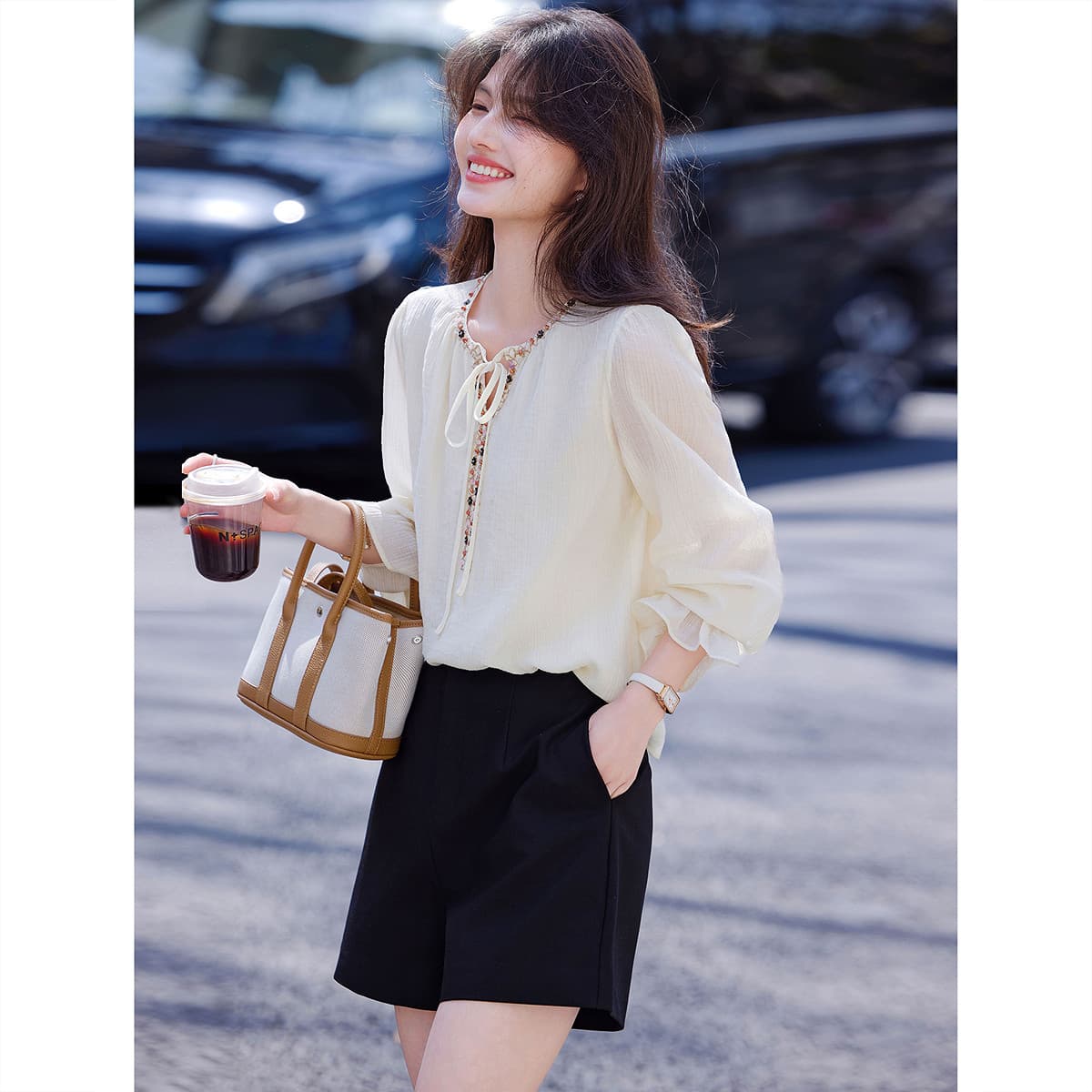 패션 문예 바람 반 개방 칼라 배색 패치워크 라이 경기 서울 맨위 26 년 가을 프랑스식 레트로 디자인 센스 셔츠 상세 이미지 8