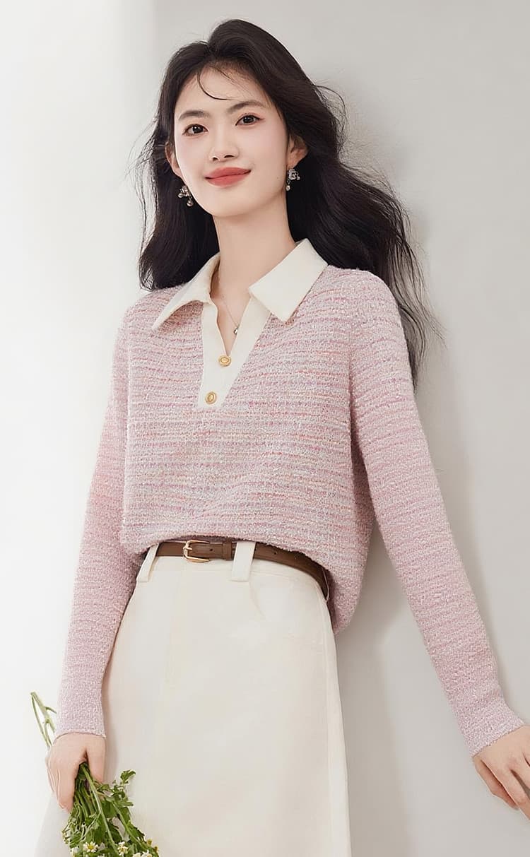 작은 샤넬 스타일 품격 폴로 칼라 반팔 티셔츠 여성 2026 년 가을 새로운 연령 감소 슬림해 보이는 출퇴근 다용도 맨위 상세 이미지 1