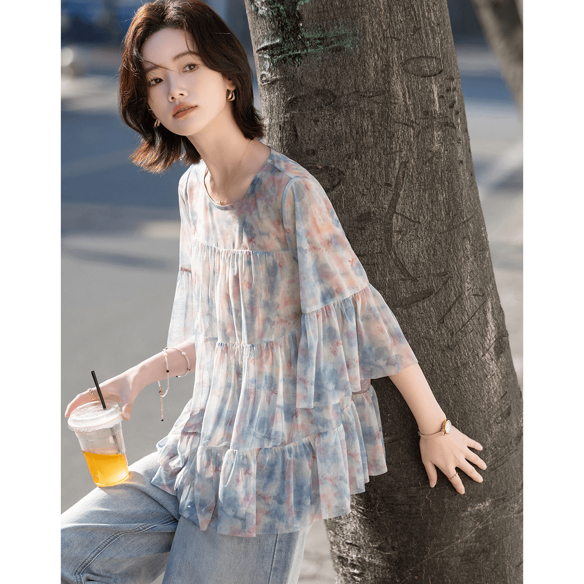 남쪽 법 시간 26 여름 낭만주의 달콤한 스타일 얇고 가벼운 연꽃 잎 소매 프린트 루즈핏 슬림해 보이는 여성 셔츠 고급 센스 이미지 4