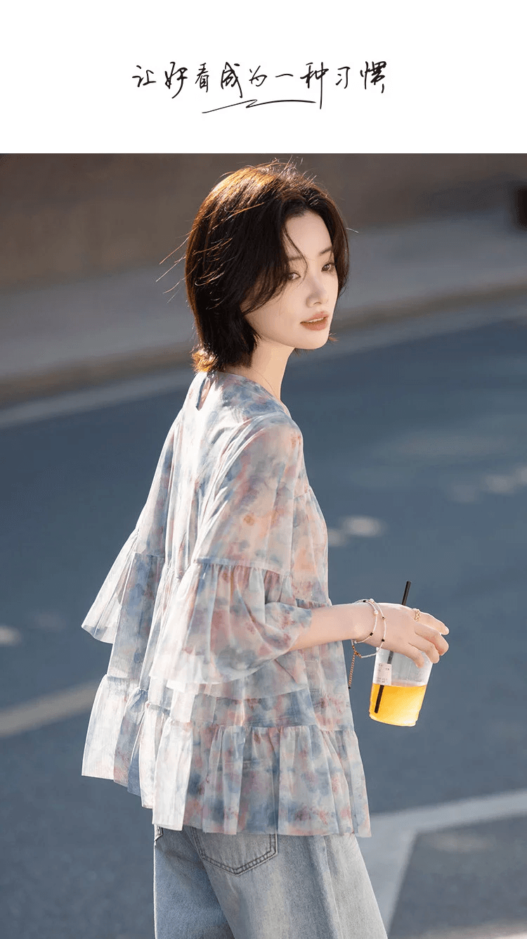 남쪽 법 시간 26 여름 낭만주의 달콤한 스타일 얇고 가벼운 연꽃 잎 소매 프린트 루즈핏 슬림해 보이는 여성 셔츠 고급 센스 상세 이미지 1