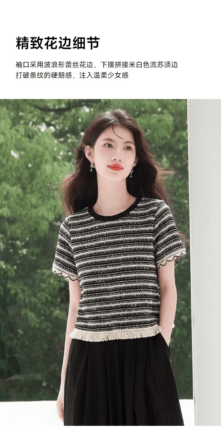 캐주얼 편안함 스트라이프 반팔 티셔츠 26 여름 새로운 고급 센스 외국 가스 연령 감소 슬림해 보이는 다용도 맨위 여성 상세 이미지 2