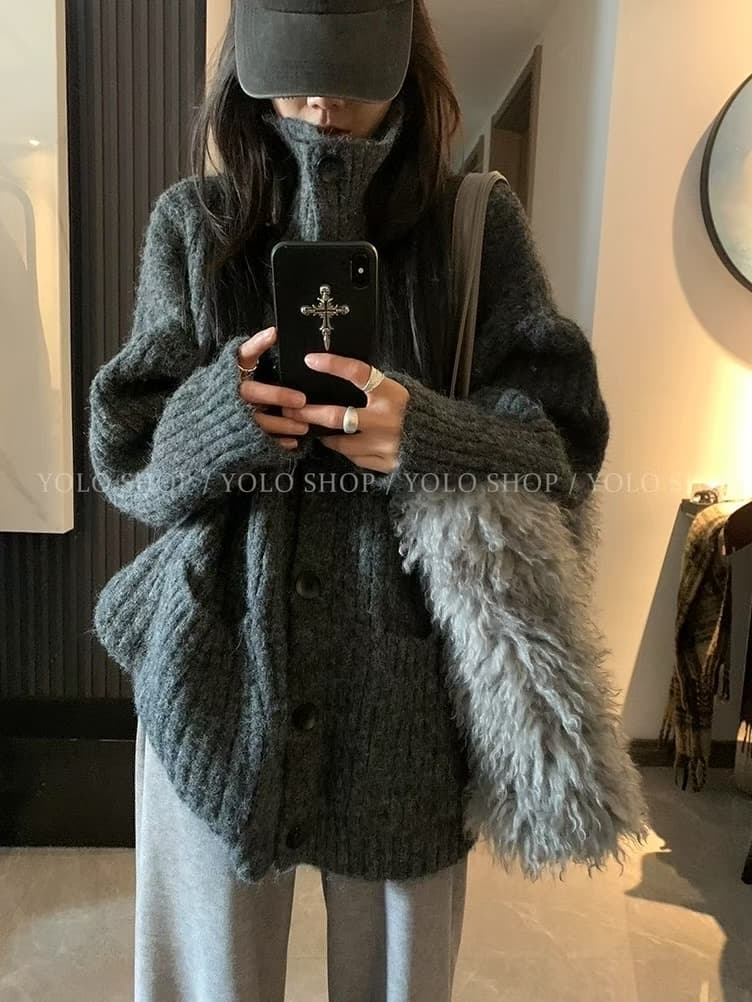 한 부서 레트로 터틀넥 스웨터 카디건 코트 스웨터 여자 가을 겨울 느긋한 새로운 고급 니트 니트 스웨터 맨위 상세 이미지 11