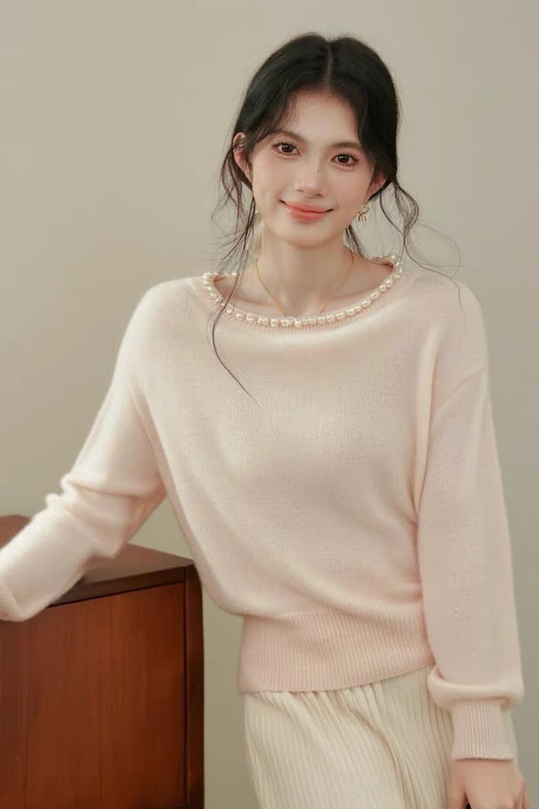 한 부서 미니멀리즘 핑크색 진주 칼라 라운드 넥 니트 스웨터 여성 2026 가을 겨울 새로운 부드러운 바람 루즈핏 다용도 맨위 이미지 6