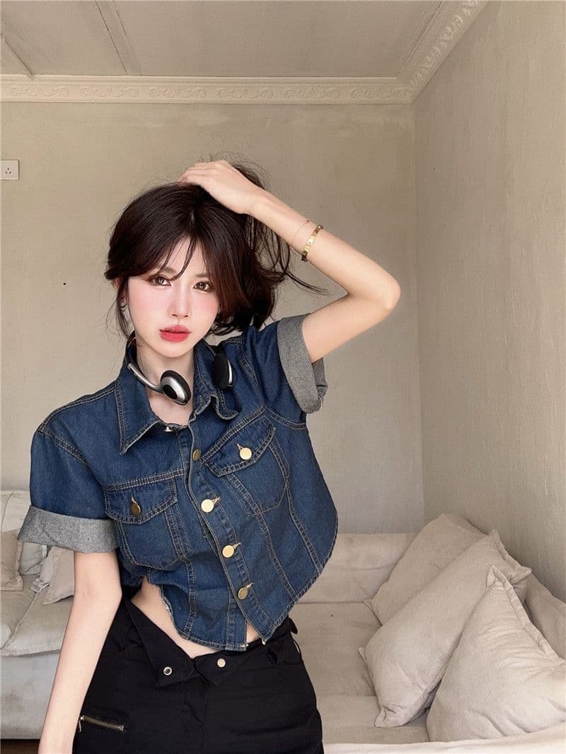 레트로 POLO 칼라 반팔 여성 셔츠 여름 쇼트 스타일 루즈핏 데님 재킷 다용도 파란색 불규칙 밑단 맨위 상세 이미지 9